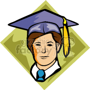 The image depicts a stylized illustration of a graduate. The graduate is wearing a graduation cap (mortarboard) with a tassel and a ceremonial graduation gown. The image has a diamond-shaped background with abstract shapes and shades of green.
