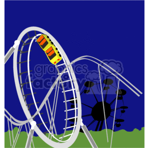The clipart image depicts a scene from an amusement park, featuring a roller coaster with a yellow and red coaster car on the track, looping around in a dynamic and thrilling fashion. In the background, there is a silhouette of a Ferris wheel, adding to the theme park atmosphere. The sky is dark blue, suggesting it might be evening or night, and there are green areas at the bottom, likely representing grass or landscaping typical of amusement park settings.