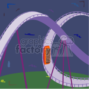 The image is a simple clipart illustration of a roller coaster at an amusement park. The roller coaster has a purple track with a loop, and there's a single orange coaster car filled with passengers on the track. The background suggests it is nighttime with a dark sky and some implied movement, possibly stars or lights.