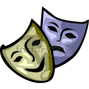 The image shows two stylized theatre masks, one representing comedy and the other representing tragedy. They are a common symbol for the dramatic arts.