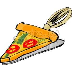 The clipart image shows a cartoon-style illustration of a slice of pizza with toppings, which appear to be green peppers and red tomatoes, on what looks like a pizza server or spatula with a golden handle.