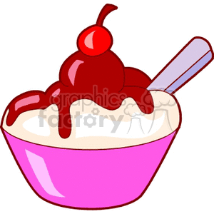 The clipart image depicts a bowl of ice cream with what appears to be chocolate syrup on top and a cherry garnish. There is also a spoon in the bowl, indicating it's ready to be eaten.