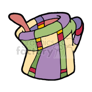 The clipart image depicts a whimsically designed, colorful coffee cup (or tea cup) with a spoon sticking out of it. The cup is adorned with an uneven patchwork of vibrant colors, giving it a playful and artistic look that might appeal to those who enjoy fun, quirky designs in their kitchenware.