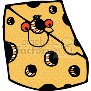 This clipart image features a wedge of yellow Swiss cheese characterized by its iconic holes or 'eyes.' Atop the cheese, there is a happy, cartoonish black mouse with white and red details, which looks like it's enjoying the cheese.