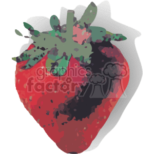 The clipart image depicts a stylized strawberry with a focus on its vivid red color and the characteristic seed-studded surface. The green leafy cap and stem are visible on the top of the strawberry, adding contrast and detail to the depiction.