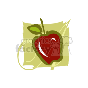 The image is a stylized clipart depiction of a red apple with a green leaf, set against a light green background with some abstract design elements that resemble brush strokes or paper texture.