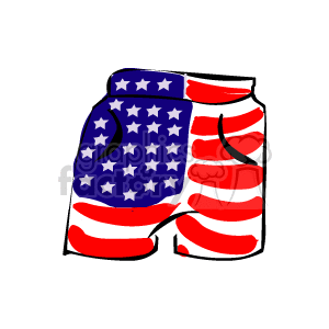 This clipart image features a pair of shorts designed with the pattern of the United States flag, incorporating the iconic stars and stripes in red, white, and blue. This represents themes commonly associated with Independence Day in the USA, celebrated on the 4th of July.