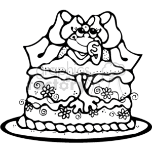 The clipart image shows a whimsical two-tiered birthday or celebration cake decorated with flowers and dots. On the top tier, there is a contented, country-style frog with its arms crossed, seemingly daydreaming or making a wish. The cake has a large ribbon or bow on the top, and the frog sits right beneath it. The image is in black and white line art, ideal for coloring or for use in thematic decorations.