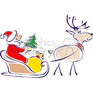 This image features a classic Christmas motif with Santa Claus in his red and white suit sitting on a sleigh filled with a yellow bag, presumably full of gifts, and a green Christmas tree. He is being pulled by a reindeer with a red collar. The image conveys a festive holiday scene typically associated with Christmas and winter.