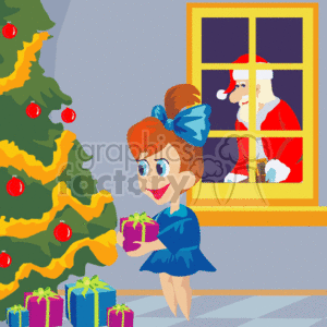 This is a colorful, animated clipart image depicting a traditional Christmas scene. It features a young girl with a bow in her hair, holding a gift and smiling. She's standing indoors next to a decorated Christmas tree with red baubles. Multiple wrapped gifts are placed on the floor. Through the window, Santa Claus can be seen peeking in, watching the girl. The scene captures the excitement and joy of the holiday season with vibrant colors and festive decorations.