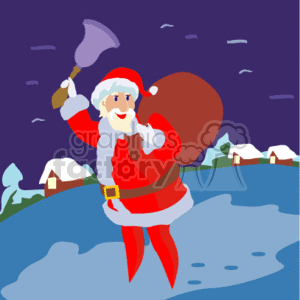 The clipart image depicts Santa Claus on a snowy night. Santa is standing with a large sack of presents slung over his shoulder and ringing a bell with his other hand. There are snow-covered houses in the background, indicating a neighborhood scene, and it appears to be lightly snowing.