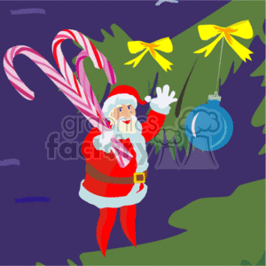 The clipart image features a cheerful Santa Claus holding candy canes. In the background, there is a Christmas tree adorned with a yellow bow and a single blue ornament. Santa is waving and appears joyful against a purple background that suggests a night sky.