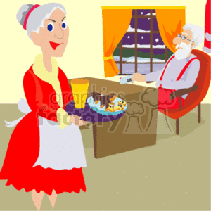 This clipart image features Mrs. Claus offering Santa Claus a plate of cookies and a glass of milk. Santa Claus is seated at a desk with papers in front of him, likely checking his list of who's naughty or nice. They are in a room with an ornate window through which you can see snow and a starry night sky, giving a holiday feeling. The room has warm tones suggesting a cozy indoor setting.