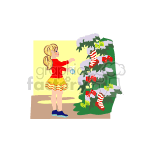 The image depicts a Christmas scene with a girl decorating a Christmas tree. The tree is adorned with multiple decorations such as bulbs, bows, and stockings. The girl is holding a blue ornament and appears to be in the process of placing it on the tree.
