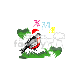 The clipart image portrays a bird perched on a branch with evergreen foliage, possibly representing a Christmas tree. The bird is wearing a Santa hat, indicating a festive, holiday theme. There are decorative elements such as the stylized text that reads XMAS above the bird, which playfully hints at Christmas greetings.
