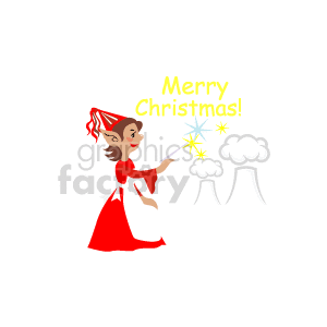 This clipart image features a female Christmas elf in a red and white dress with a pointy hat. She is holding a wand that is casting sparkling stars, and next to her is the phrase Merry Christmas! in festive lettering.