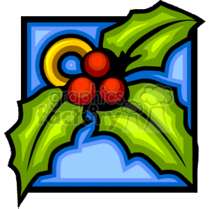 The clipart image depicts a traditional Christmas decoration, featuring a sprig of holly with three red berries and green leaves, accented by a golden ring or halo, framed against a blue background.