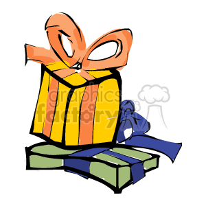 The clipart image depicts two wrapped gifts or presents. One is standing upright, with a yellow and orange striped pattern and a prominent peach-colored bow. The other gift is lying on its side, with a green and yellow gradient and a blue ribbon loosely draped over it.