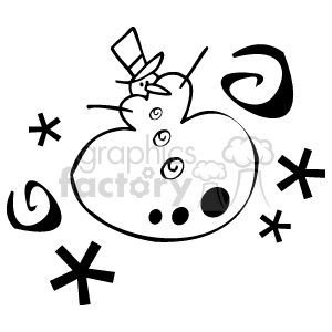 This is a black and white clipart image that features a whimsical snowman. The snowman has two segments, with the bottom segment larger than the top. It has a stylized design with swirls and buttons, and it's wearing a top hat that's tilted on its head. Around the snowman, there are snowflake designs and spirals, contributing to the winter and holiday-themed feel of the image.