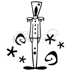 The clipart image features a stylized illustration of a toy soldier commonly associated with Christmas decorations. The soldier is depicted in a simple, two-dimensional form, with a tall hat, a stern facial expression, and button details on its uniform. Surrounding the soldier are various whimsical shapes and swirls, as well as star-like and snowflake-like symbols, contributing to the festive, winter theme of the illustration.