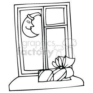 This clipart image depicts a window through which a crescent moon is visible, suggesting a night-time scene. On the windowsill, there is a wrapped gift with a ribbon, which could indicate a present for the Christmas holidays.