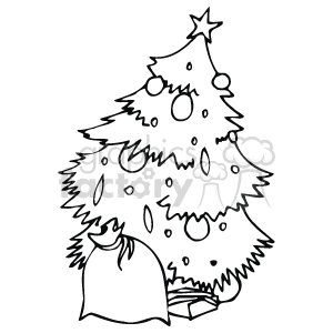 The clipart features a decorated Christmas tree with a star on top and various ornaments hanging from its branches. Next to the tree, there is a sack or bag, presumably filled with presents. 