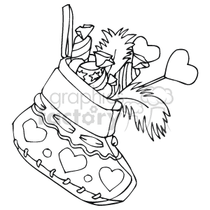 The clipart image depicts a Christmas stocking filled with gifts. The stocking is decorated with heart shapes, and among the visible items stuffed inside, there appear to be candies or candy canes, a wrapped present, and what seems like a plush toy or a decorative item with a fluffy top, possibly resembling a Santa hat or a pompom. The items are overflowing from the top of the stocking, suggesting abundance and generosity.