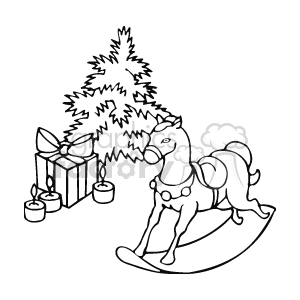 This clipart image features a Christmas scene that includes a decorated Christmas tree with ornaments, a rocking horse toy, and gifts wrapped with ribbons. Candles also appear to be placed near the base of the tree.