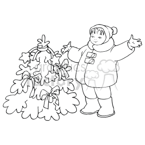 This clipart image depicts a child dressed in winter clothing standing next to a decorated Christmas tree. The tree is adorned with star ornaments and has bows tied onto its branches.
