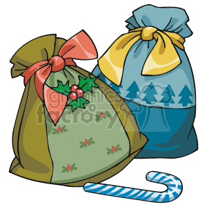 The clipart image depicts two Christmas gift bags. One is green with red holly berries and a red bow, while the other is blue with a yellow ribbon and decorated with a pattern of Christmas trees. There is also a candy cane with the traditional white and blue stripes lying in front of the bags.