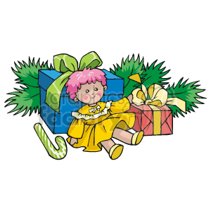 This clipart image features a yellow-dressed doll with pink hair sitting next to a large blue gift box adorned with a green ribbon bow. Additionally, there's a smaller red gift box with a yellow ribbon and a striped candy cane lying in the foreground.