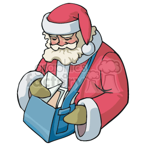 The clipart image features Santa Claus dressed in his traditional red and white Christmas outfit. He has a full white beard and is wearing a Santa hat. Santa is looking down at several letters in his hands, which he is pulling out of a satchel or mailbag slung over his shoulder. The bag appears to be filled with more letters. The image is colorful, with a pleasant cartoonish style.