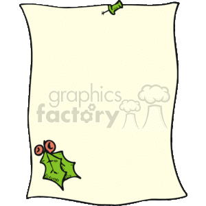 This clipart image depicts a scrolled piece of paper that is reminiscent of a list or letter. There's a holly berry decoration with green leaves and red berries in the bottom right corner. The top left corner shows a small green object, which could imply the list is pinned or attached to something.