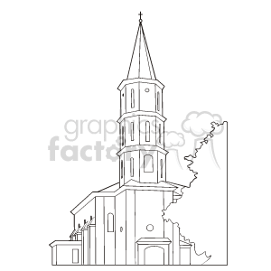 This image depicts a line art illustration of a church or cathedral with a prominent steeple, multiple levels, and a cross at the top, which could be associated with a variety of religious events and Holidays, including Christmas.