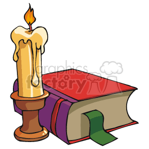 The image shows a single lit candle that has melted wax dripping down the sides. The candle is set upon a classic candle holder. Beside the candle, there is a closed book with a red cover and a green bookmark peeping out from the pages, which may be indicative of a bible or a hymnal, especially in the context of religious holidays like Christmas.