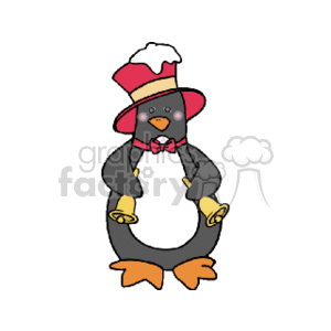 This clipart image features a cartoon penguin dressed in festive attire for the Christmas holidays. The penguin is wearing a red and white hat and a red bow tie, adding to its festive appearance.