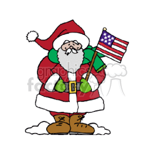 The clipart image features a cheerful Santa Claus dressed in his traditional red and white Christmas outfit, complete with a hat and black belt. He is standing on what appears to be a patch of snow and is holding an American flag in one hand. Santa has a full white beard, a red nose, and is smiling.