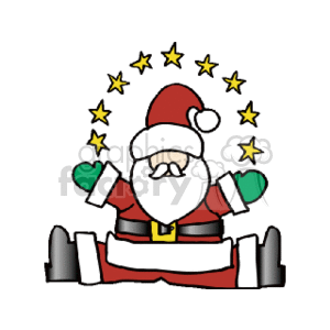 The clipart image depicts Santa Claus sitting down with his arms open. He is dressed in his traditional red coat with white fur trim, a black belt with a gold buckle, red trousers, and green mittens. There are yellow stars arranged in a semicircle above his head.