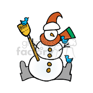 The clipart image features a cheerful snowman wearing a Santa hat. The snowman is characterized by three large snowballs forming its body, with buttons down its front. It has a carrot nose, a big smile, and is wearing a scarf. The snowman is also holding a broom in one hand and has a mug in the other, and there are three little blue birds, one perched on each arm, and one on a boot