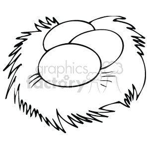 The image is a black and white clipart depicting a nest with three eggs inside. It appears to be a simplistic, line-drawn design suitable for coloring or illustrative purposes related to the Easter holiday.
