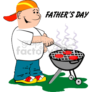 In the clipart image, there is a cheerful man who appears to be a father, wearing a white t-shirt, blue shorts, a cap turned backward, and flip-flops. He is standing outdoors on a patch of grass and is grilling red food items (likely meant to be meat or burgers) on a small round black charcoal grill, which has wheels and is emitting smoke. The text FATHER'S DAY is displayed prominently at the top of the image.
