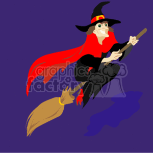 This clipart image features a classic Halloween theme, showing a witch flying on her broom. She's wearing a pointy black hat adorned with a yellow band and buckle, a black dress, and a flowing red cape. The witch's hair sticks out from under her hat. Her silhouette is set against a dark purple background which complements the Halloween aesthetic.
