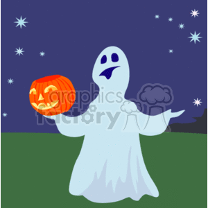 The clipart image features a cartoon-style depiction of a friendly-looking ghost holding a carved pumpkin, commonly known as a jack-o'-lantern. The background suggests a night sky sprinkled with small stars, and there is green ground under the ghost, which could imply a grassy area typical of a Halloween setting.