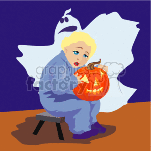This is a clipart image featuring a young boy
 sitting on a little stool and holding a carved pumpkin which represents a jack-o'-lantern. The background is a deep blue, perhaps indicating nighttime, which ties in with the Halloween theme of the image. There us a ghost figure hovering around next to him
