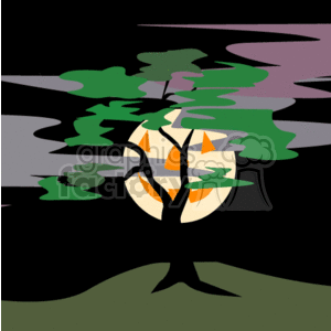 The clipart image displays a stylized Halloween scene. Features include silhouettes of trees with green leaves in the foreground, against a dark background that sets the nighttime mood. At the center of the image is a large full moon with the impression of a Halloween pumpkin's face – often referred to as a jack-o'-lantern – integrated into its surface. This creates an eerie effect typical for the Halloween theme. The moon appears to be rising behind the trees, illuminating the scene with a spooky glow.