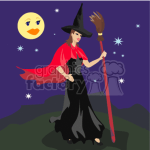 The clipart image depicts a classic Halloween scene featuring a witch. The witch is standing on a hilltop at night, wearing a black dress with a red cloak, and holding a broom. She is also wearing a pointed witch's hat. In the background, there is a smiling crescent moon surrounded by stars, enhancing the mystical Halloween theme.