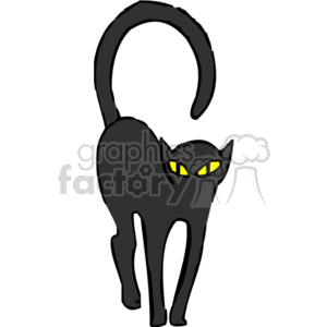 The clipart image depicts a stylized black cat with a prominent arched back, typical of a startled or scared cat. The cat has piercing yellow eyes, adding to the eerie feel often associated with Halloween.