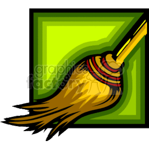 The image is a vector or clipart illustration of a classic witch's broom, with a brown bristle end and a yellow handle, featuring red bands securing the bristles to the handle. The broom is shown against a stylized light and dark green background, which could represent motion or magical energy. This type of broom is often associated with witch imagery, especially in relation to Halloween.