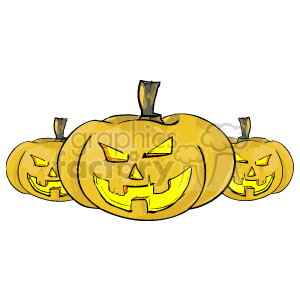 The image showcases a row of three Halloween jack-o'-lanterns with carved faces that appear to be lit from within, giving them a glowing appearance. They typicaly represent a spooky yet festive element often associated with Halloween decor.
