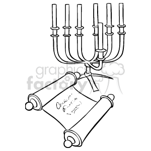 The clipart image features a candelabra with multiple candle holders, arranged in a symmetrical pattern, typically used for decorative lighting or ceremonial purposes. Below the candelabra is a scroll with some writing on it, which is likely to represent a document or a message, possibly related to an event, celebration, or announcement.